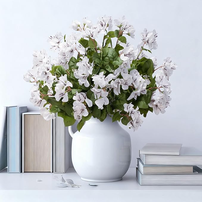 4 Pcs Artificial Flowers Bougainvillea Outdoor Artificial Plants Faux Flowers with Stems Silk Flowers for Wedding Porch Living Garden Decor Without Vase (4PCS,White)