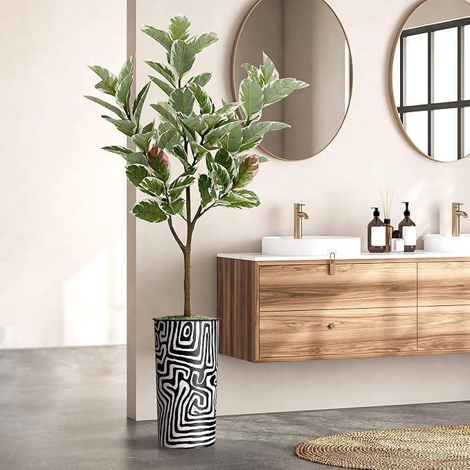 Artificial Tree in Modern Geometric Pattern Planter, Fake Rubber Silk TRE for Indoor and Outdoor Home Decoration - 70" Overall Tall (Plant Pot Plus Tree)