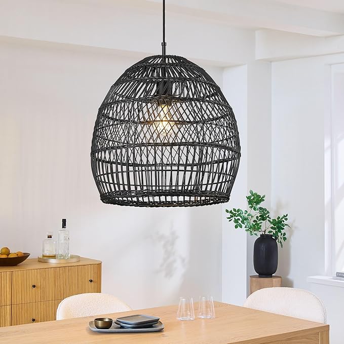 ELYONA 16” Large Rattan Pendant Light, Modern Black Wicker Chandelier, Hand Woven Boho Basket Hanging Light Fixtures for Farmhouse Dining Room Kitchen Island Living Room Bedroom Foyer (40cm*40cm)