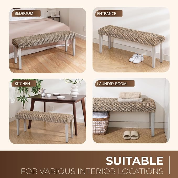 Solid Wood Acacia Bench with Natural Woven Seat, Boho Bench Entryway, Wood Bench for Living Room, Porch Lawn Garden Yard or Entryway (Plait Style - Grey Leg, Water Hyacinth)