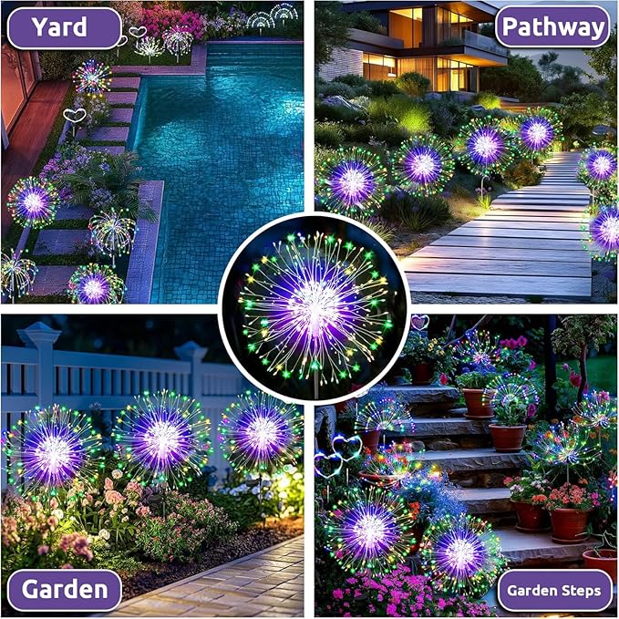 Redefun Solar Fireworks Lights 2 Pack 120 LEDs Solar Garden Outdoor Lights, 8 Modes Tall Sparkler Yard Light Waterproof Dandelion String Light for Outside Patio Pathway Decorations - Multicolor