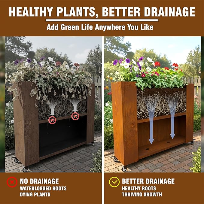 36" L x 9.3" W x 28.4" H Corten Steel Planter Box with Wheels & Removable Shelf โ Rolling Raised Garden Bed with Rust Patina, Smart Drainage System, Outdoor Planter for Patio & Modern Dรฉcor