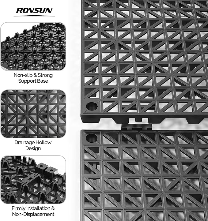 ROVSUN 55 PCS Interlocking Drainage Mat, 12’’x12’’ Drainage Tiles Interlocking,Soft PVC Floor Tiles, Non-Slip Drainage Holes for Restroom, Bathroom, Kitchen, Pool, Wet Areas,Black