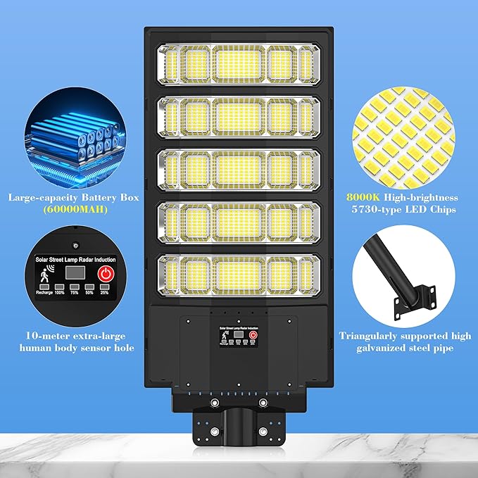 Solar Street Lights Outdoor,10000W Solar Lights Outdoor Waterproof with Motion Sensor, IP66 Solar Security Flood Lights for Yard, Pathway, Parking Lot - 350° Wide Angle & Remote Control Included
