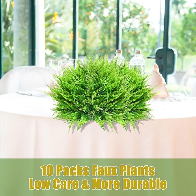 Janinka 10 Pcs Artificial Boston Fern Plants Fake Boston Fern Stems UV Resistant Faux Plants Artificial Outdoor Plastic Bushes Bulk for Hanging Office Porch Window Home Decor