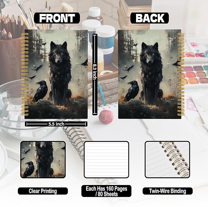 XPH Gothic Wolf Raven Spiral Notebook, Wolf Gifts, Crow Gifts Journaling Notebooks for Women, Dark Moody Wild Animal Hardcover Journals for Writing 160 Pages 5.5 x 8.3 Inch, Gothic Office Supplies