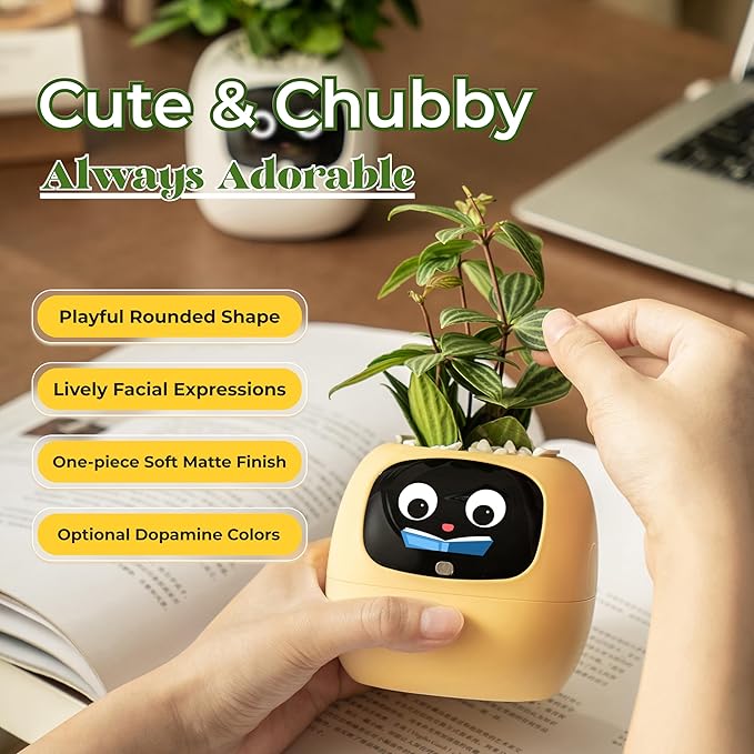 Ivy AI Smart Plant Pot with Emoji Intelligent Planter Robot for Houseplants Tamagotchi Flower Pot Stylish Plantagotchi Home Decor(Lemon)