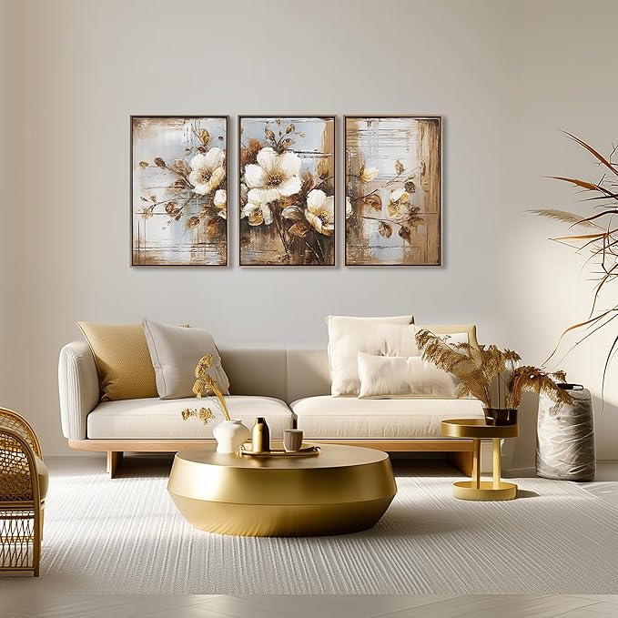 YCJKJDZ Framed Dark Floral Canvas Wall Art Set of 3, Neutral Fall Plant Bohemian Vintage Moody Flower Wall Decor Artwork for Farmhouse Bedroom Living Room Office, 16x24 inches