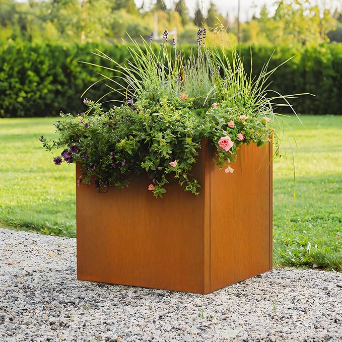 Corten Steel Planter Box 24"x24"x25", Rustic Metal Planter with Partitions & Drainage Holes, Frost Rust Resistant Heavy Duty Planter for Patio Garden Indoor Outdoor Commercial Decor