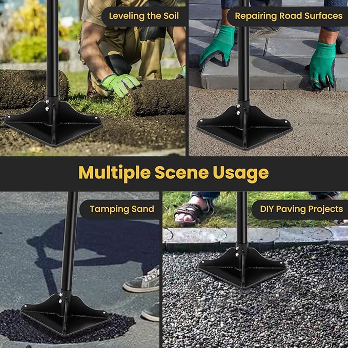 Ground Tamper Tool, 8"X8" Steel Tamper, Heavy Duty Hand Soil Tamper Tool with 48 Inch Handle for Leveling Soil, Installing Paving Stones, Gravel, Asphalt, Sand, and Repairing Pavement