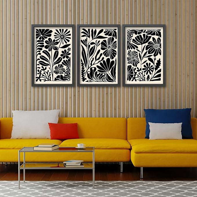 TQianJiang Flower Plant Sign Wall Decor 16"X11" Set of 3 Black And White Botanical Painting Wood Framed for Bedroom Abstract Wildflower Hanging Art (Black)