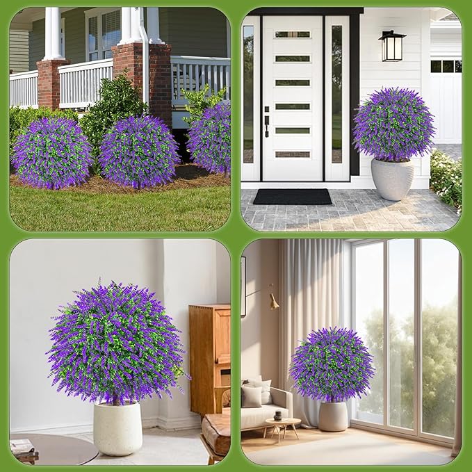 27.5" Artificial Lavender Boxwood Topiary Ball Trees, Set of 2 Fake Shrubs Bushes with Ground Spike, UV Resistant Faux Evergreen Tree for Front Porch Outdoor Garden Decor