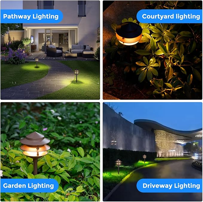 Gardencoin Pagoda Low Voltage Landscape Pathway Lights, 12V Outdoor LED Path Lights Wired, Aluminum Walkway Lighting with 4W 2700K Replaceable G4 Bulb, Bronze Classic 3-Tier Lantern, 6 Pack
