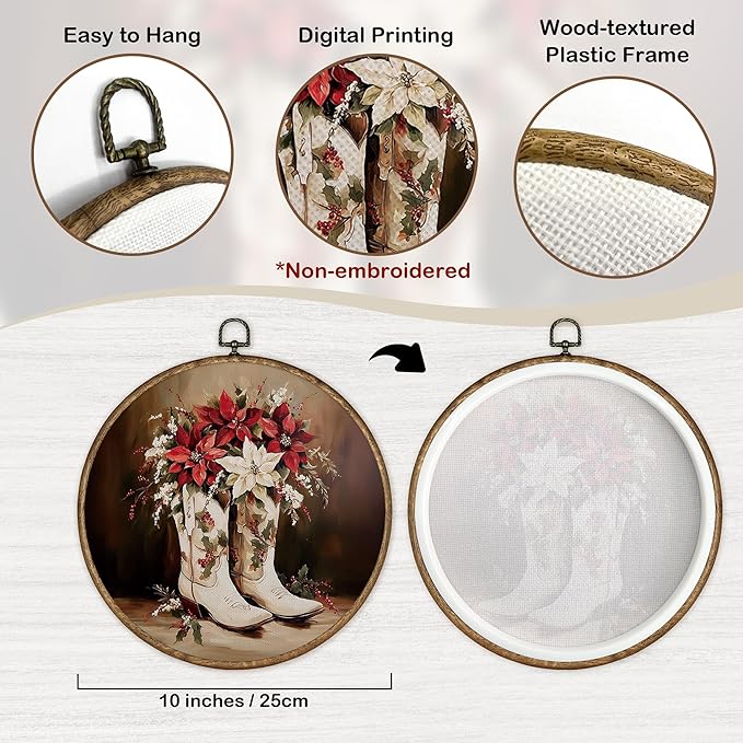 TLESKE Christmas Western Cowgirl Floral Round Wall Art Decor Framed 10x10, Preppy Cowgirl Boot Canvas Wall Art Prints Artwork, Winter Cowboy Hanging Wall Picture Room Decor for Bedroom Living Room