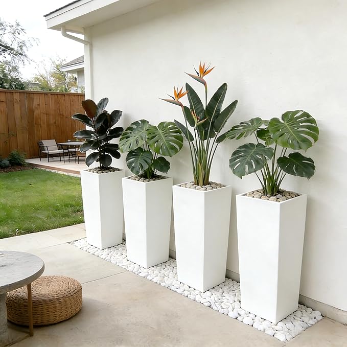 GreenShip 27" Tall Planters, Set of 2 – Black Outdoor Planter for Front Porch & Tall Plants, Weather-Resistant, with Drainage Hole & Rubber Plug (No Plants Included) (White-2pcs)