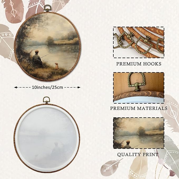 DEQSX Vintage Farmhouse Lakeside Round Wall Art, Rustic Countryside Little Boy Fishing with Dog Wall Decor Canvas Prints Posters for Home Bedroom Living Room, 10x10 Inches