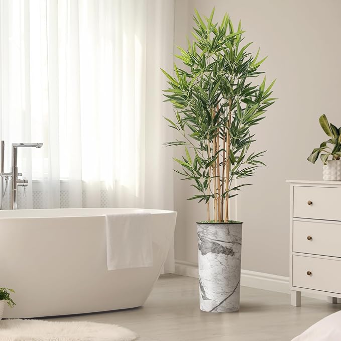 Artificial Tree in Gray Marble Effect Planter, Fake Bamboo Silk Tree for Indoor and Outdoor Home Decoration - 70" Overall Tall (Plant Pot Plus Tree)