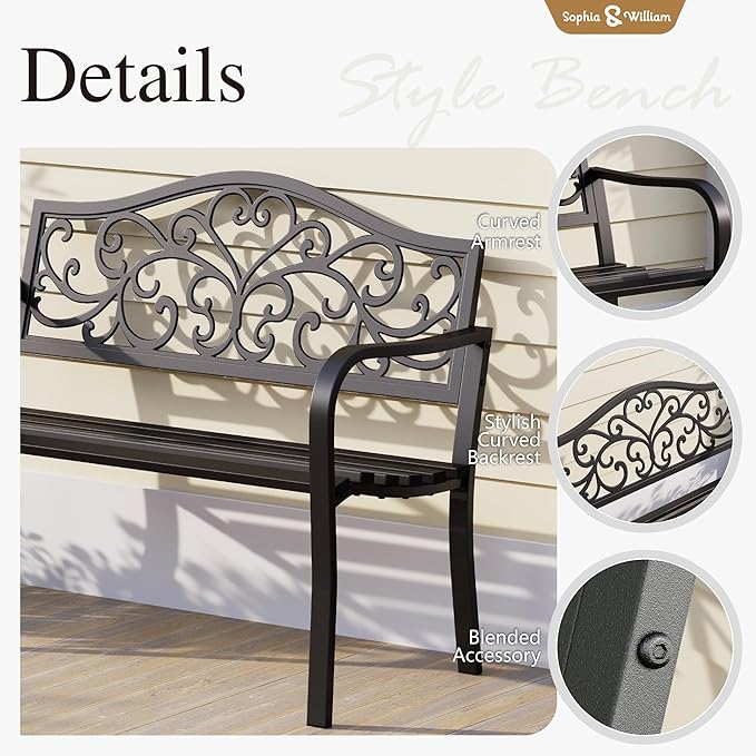 Sophia & William Outdoor Bench, Metal Garden Bench, Cast Iron Park Benches for Outside with Floral Design Backrest, Black