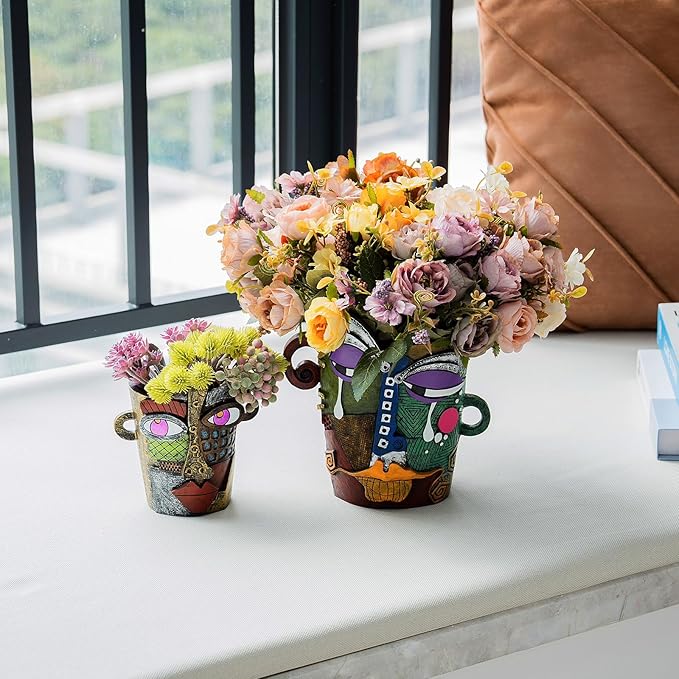 Abstract Face Planters Pots - Whimsical Hand-Painted Ceramic Face Pot for Succulents, Unique Planters for Indoor Garden Decor, Artistic Home & Office Desk Decoration(1small& 1 Big)