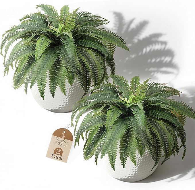 KOL 2-Pack 45in Artificial Boston Ferns, Green Large Faux Fern Bushes with Bendable Stems for Hanging or Floor Display, Living Room Wedding Indoor Outdoor Decor