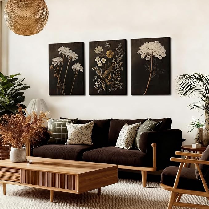 Kdyudo Vintage Floral Canvas Wall Art Atmospheric Wildflower Decorative Paintings Black Floral Plant Print Mural Farmhouse Country Style Posters Suitable For Gallery, Bedroom, Office 12 X 16 Inches Framed