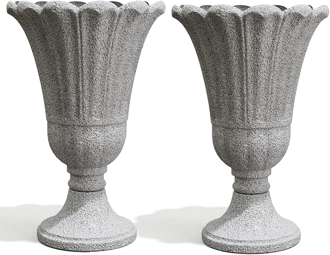 23.6" Tall Plastic Urn Planters for Outdoor Plants with Drainage Holes & Petal Design, Set of 2 Heavy-Duty Classic Indoor Large Flower Pots, Outdoor Planters for Porch/Home/Garden, Gray