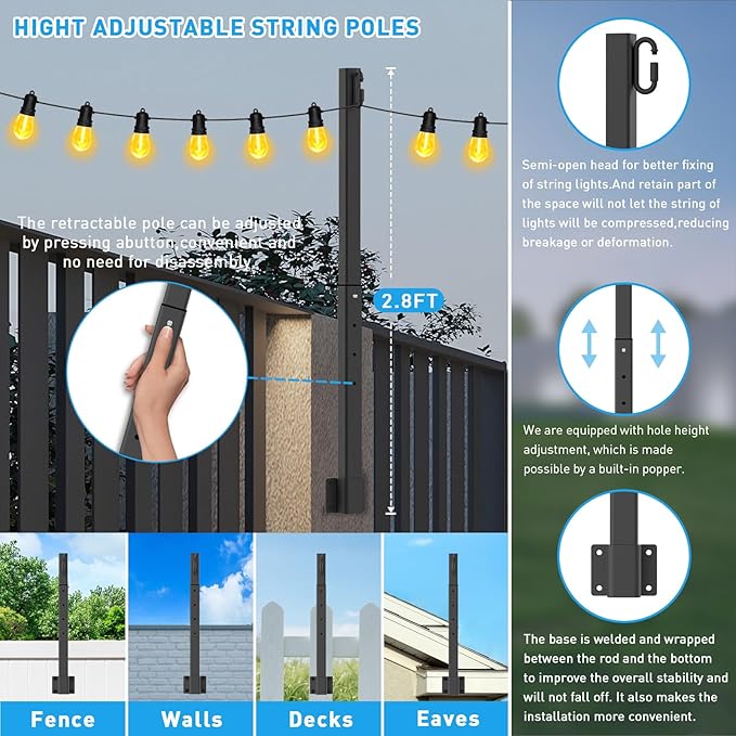 6 Pack 2.8Ft String Light Poles,Light Poles for Outside Lights,Outdoor with Fence Brackets Hanging Lights,Metal Stand Deck Patio Backyard