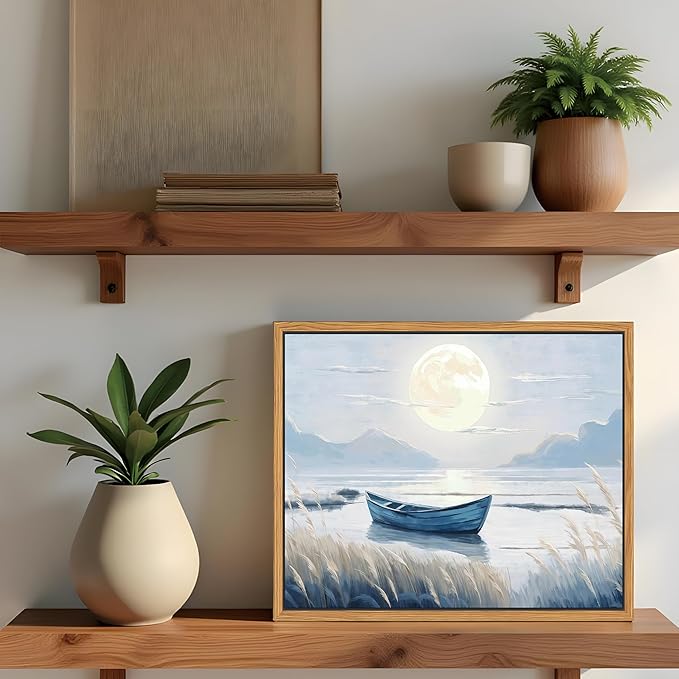 Floating Framed Coastal Bathroom Wall Art, Blue Beach Nautical Ocean Nature Canvas Picture, Blue Boat Moon Lake Mountain Sea Poster Print Painting, for Modern Home Bedroom Wall Decor 8x10 inch