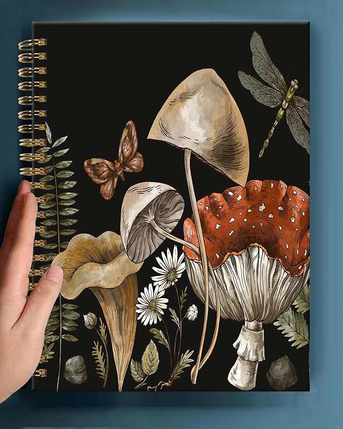 Spiral Journal Notebook,A5 Hardcover Lined Journals for Women Girl 6 x 8.3 in,120 Pages Thick Paper,Cute College Ruled Writing Notebook for Gifts Office Work School(Mushroom Plant Moon)