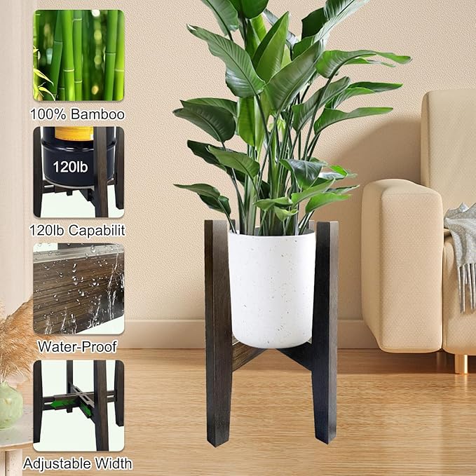 Adjustable Plant Stand Indoor Bamboo Mid Century Modern Plants Stand Corner Plants Flower Holders Single Floor Plant Stands- 8.2-11.8 in (Pot & Plant Not Included) (Tea, (8.2-11.8in))