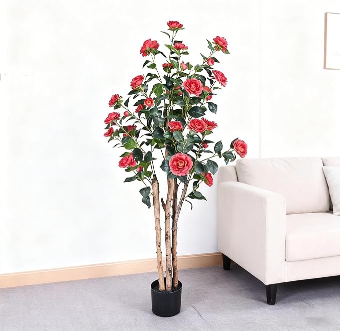 2pc 5ft Decorative Artificial Camellia Tree with Red Flowers, Potted Faux Floral Plant, Realistic Blooming Fake Plants for Indoor Outdoor Home Front Door Planter Decor