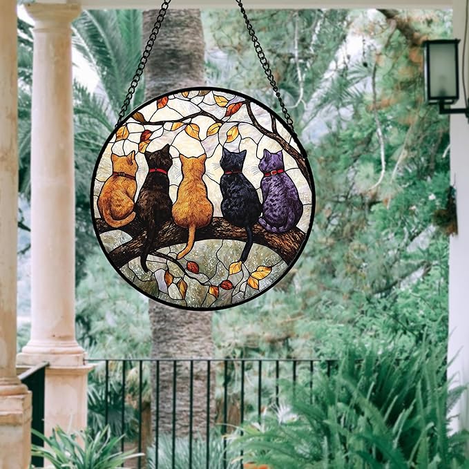 Stained Glass Window Hanging - 5 Cats on a Branch Suncatcher for Window Doors Home Decoration and Christmas, Mother's Day Father's Day Birthday Gifts for Women, Men, and Mom 7.8x7.8 in