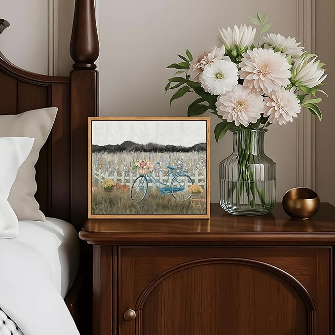 Floating Framed Canvas Wall Art, Vintage Blue Bicycle Flower Basket Wall Decor, Country Nature Landscape Wildflower Poster Print Paintings for Bathroom Living Room Bedroom Home Decor 8x10 inch