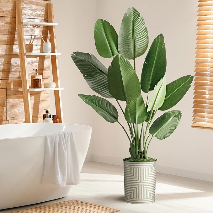 Artificial Tree in Geometric Pattern Planter, Fake Bird of Paradise Silk Tree for Indoor and Outdoor Home Decoration - 58" Overall Tall (Plant Pot Plus Tree)