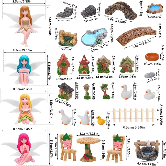 35 Pcs Fairy Garden Accessories Miniatures Garden Kit with Resin Fairies, Duck, Mushroom House & Bridge Miniature Accessories for Terrarium, Dollhouse & Outdoor Decor