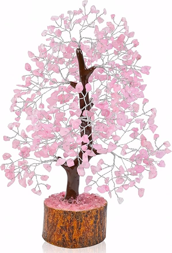 Rose Quartz Crystal Tree, Silver Wire Feng Shui Gemstone Tree, Chakra Healing Stones Crystal Decor, Artificial Bonsai Money Tree, Good Luck Spiritual Gifts for Women & Men, Meditation, 10-12 Inches