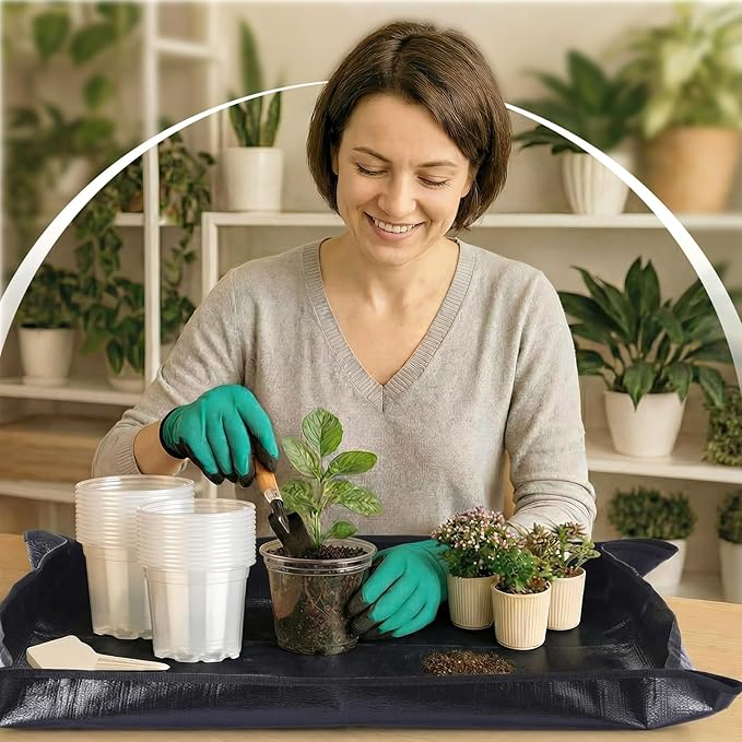 83 Pcs Garden Supplies Tools Kit, 4 Inch Clear Plastic Plant Pots with Transplanting Mat, Trowel Cultivator Rake Set, Label & Glove, Succulent Tools Gift for Plant Lovers Accessory