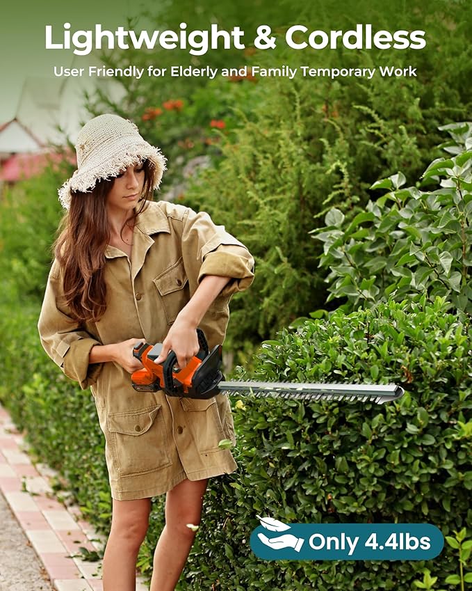 20'' Hedge Trimmer Cordless with Battery, 3000RPM Electric Handheld Bush Clipper with 2pcs 2000mAh Rechargeable Batteries, 180° Rotatable Head, 2/3'' Blade Gap Orange