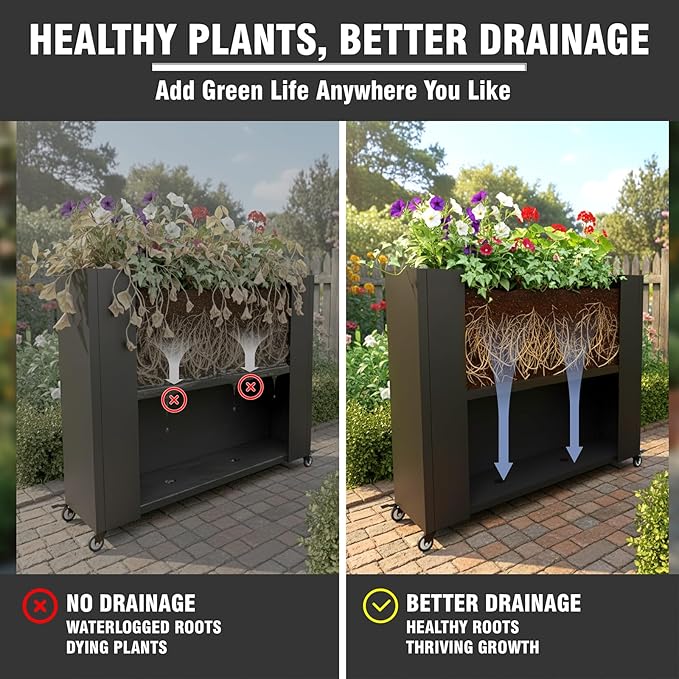 36" L x 9.3" W x 28.4" H Metal Planter Box with Wheels & Removable Shelf โ Rolling Raised Garden Bed with Smart Drainage System, Rustproof Outdoor Planter for Patio, Balcony & Modern Dรฉcor
