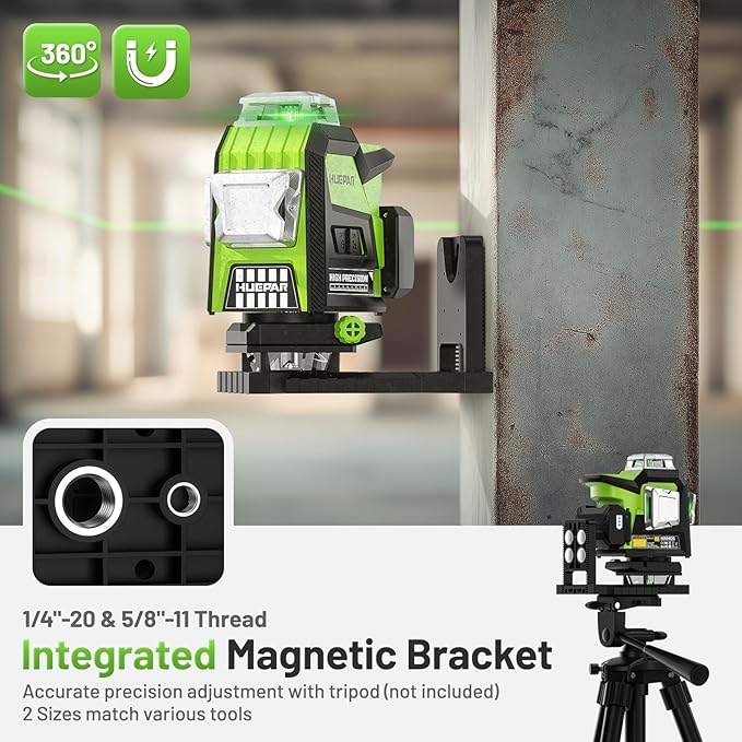 Huepar Laser Level 360 Self Leveling, Rechargeable High Brightness 4x360° Green Cross Line Lazer Leveler Tool for Construction and Picture Hanging, Strong Magnetic Bracket&Hard Carry Case