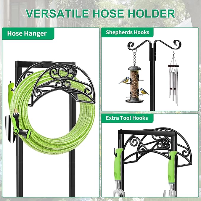 TomCare Garden Hose Holder with 2 Shepherds Hooks Upgraded Heavy Duty Water Hose Holder Holds 160 FT Hoses Freestanding Hose Reel with 2 Tool Hooks Outdoor Hoses Storage Hanger for Outside Yard, Black
