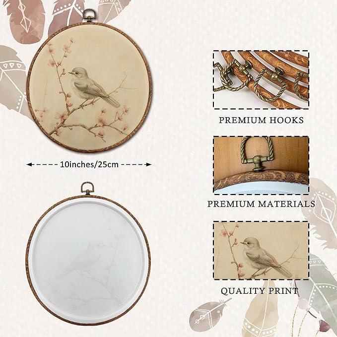 DEQSX Vintage Bird Round Wall Art, Rustic Neutral Cottagecore Farmhouse Bird Botanical Wall Decor Canvas Prints Posters for Home Bedroom Living Room, 10x10 Inches
