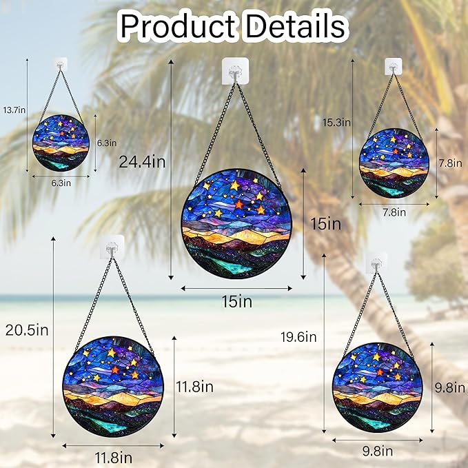 Stained Glass Window Hanging, Blue Sky Gold Stars Abstract Landscape Suncatcher for Doors Window Home Sun Catchers Decor Mother's Day Birthday Gifts for Women, Men Mom 7.8 in