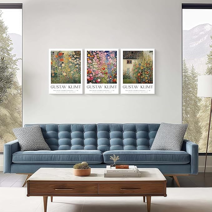 Framed Gustav Klimt Canvas Wall Art Colorful Floral Poster Picture Vintage Countryside Painting Nature Landscape Modern Home Print Living Room Gallery Office Ready to Hang 16x24 Inch x3