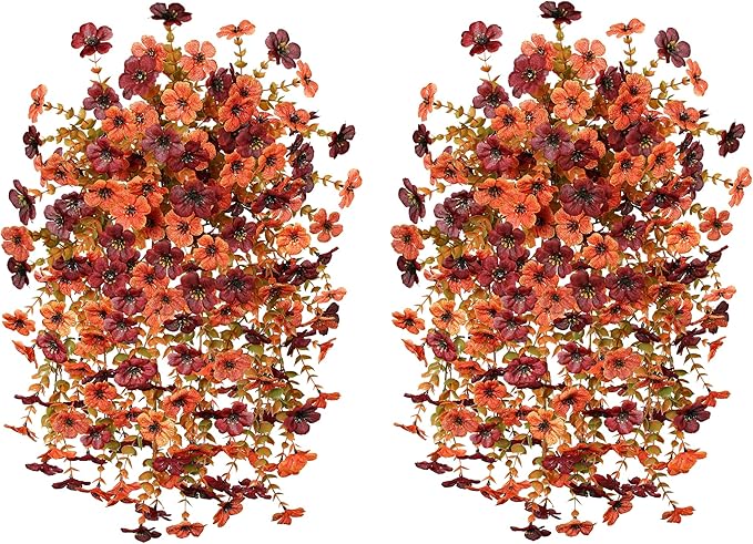 HyeFlora Artificial Autumn Flowers for Outdoors Fall Light Orange & Brown Daisy, Fake Hanging Decoration, 2Pcs Outside Decor, Realistic Plants, Silk Flower for Porch Patio Balcony Planter Yard