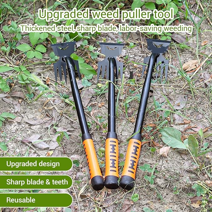 Weed Puller Tool-3-Piece Weed Pulling Tools, Manganese Steel 6-Teeth Multi-Purpose Gardening Manual Weeding Tools for Yard and Garden(HT3077B)