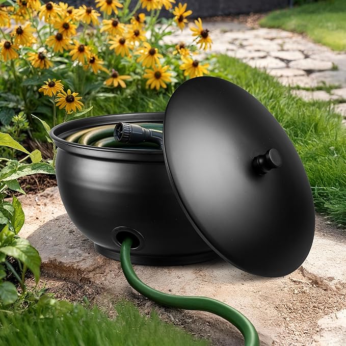 Monarch Abode Garden Hose Holder with Lid – Decorative Water Hose Holders for Outside, Smooth Metal Matte Black Pot with Drainage, 100ft Waterhose Holder for Outside, Garden Storage Caddy