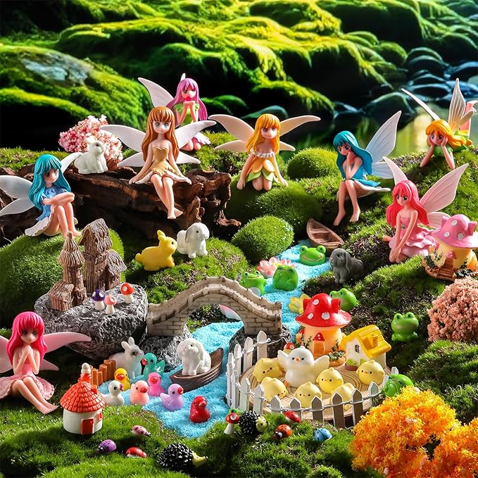 150 Pcs Fairy Garden Accessories Miniatures Figures Kit Micro Landscape Resin Mushroom Animals Fake Pond Lawn Bridge Garden Decoration