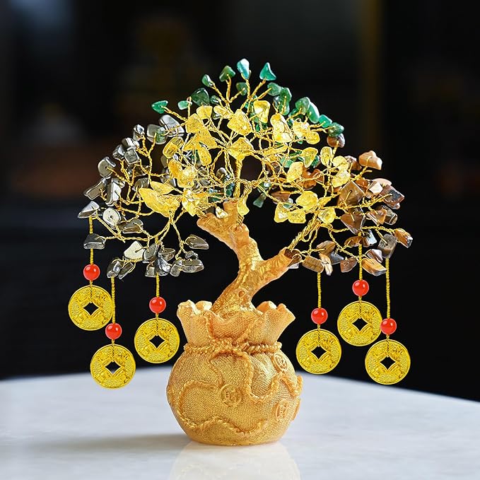 Crocon Money Wealth Crystal Tree with Artificial Coin Pot Base Bonsai for Home & Office Decor Good Luck 6 Feng Shui Coins Money Tree Crystal Spiritual Gifts for Women Mom Sister Desk Bookshelf Decor