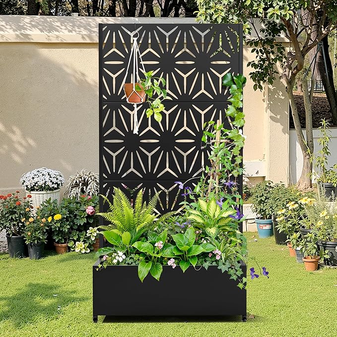 Metal Raised Garden Bed with Trellis, 2-in-1 Planter Box & Privacy Screen for Climbing Plants, Outdoor Standing Flower Bed with Drainage Holes, 35.4" L x 15.7" W x 70.1" H, Black-Star